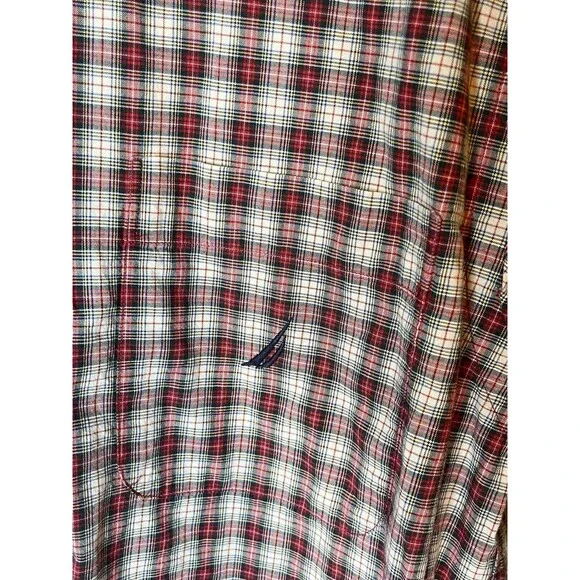 Nautica Mens Medium Red Plaid Long Sleeve Button Up Shirt W/ Pocket Used - Picture 2 of 6
